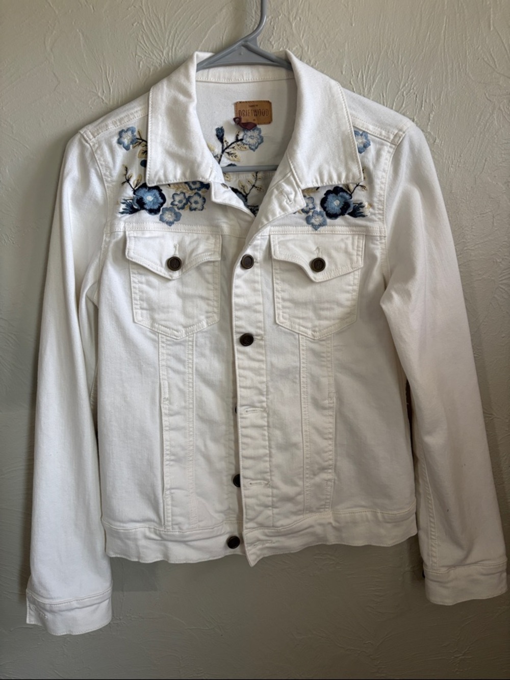 DRIFTWOOD White Denim Jacket with Blue Floral Embroidery